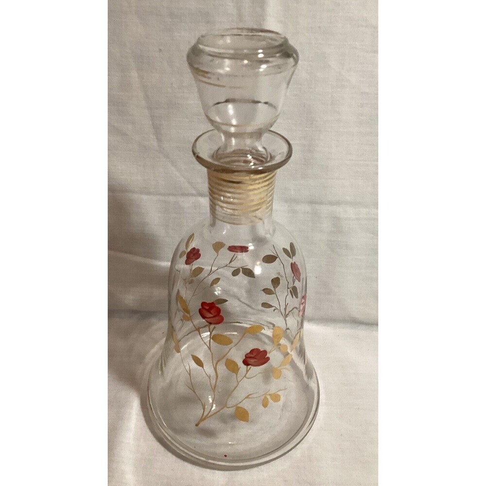 Decanter Hand Painted Delicate Pink Rose Clear with Gold Trim Liquor Wine